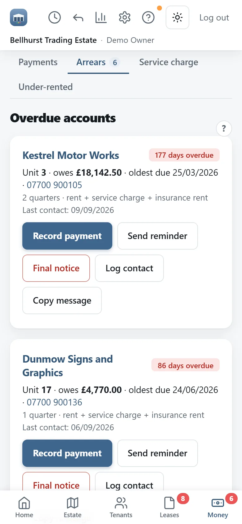 Overdue accounts on an Android phone: six tenants between 31 and 176 days late, each with the unit, everything they owe across every unpaid period, the oldest date it fell due, how the figure breaks down and when they were last chased, and buttons to record a payment or send a reminder.